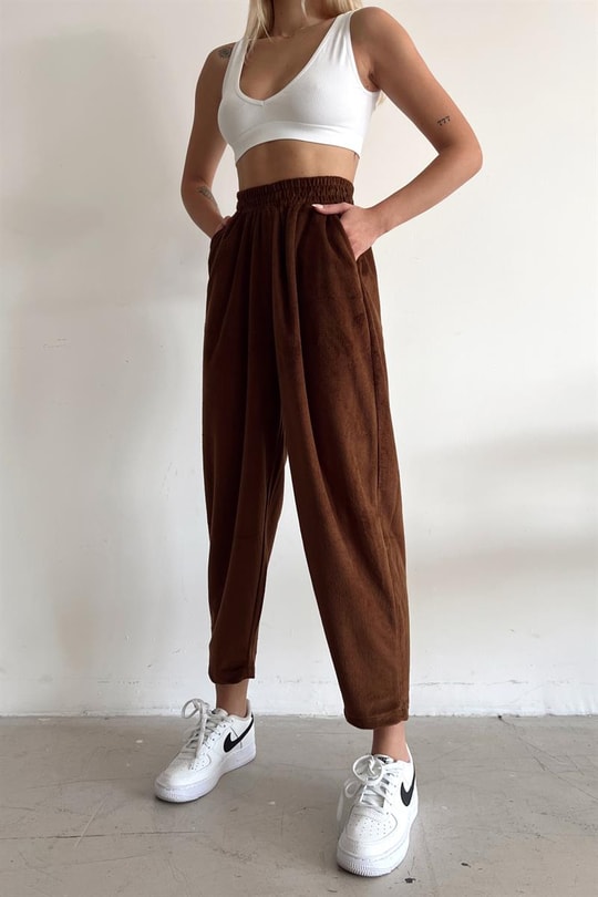 Yumoş Kadife Jogger Pantolon Kahve