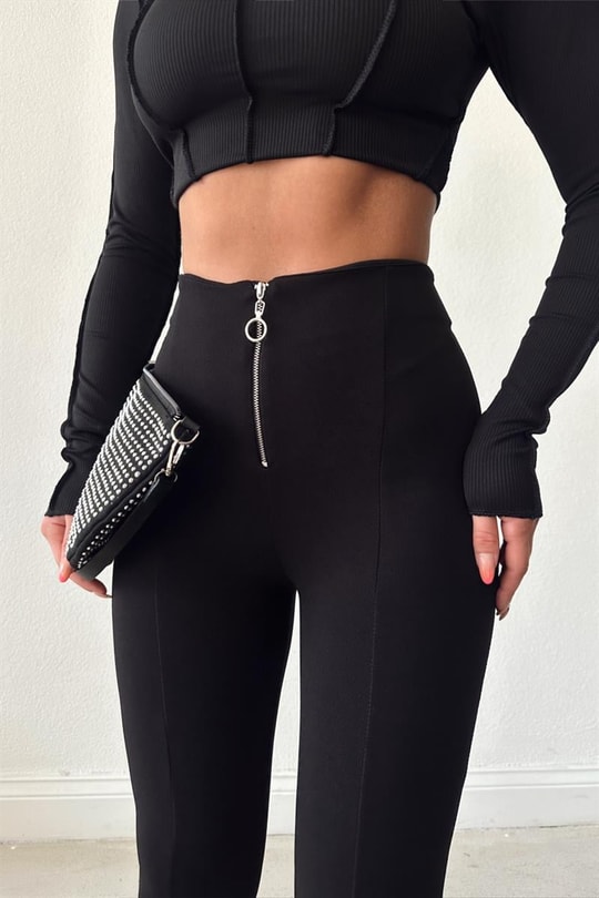 Zip Detay Nervür Dikişli Pantolon Siyah