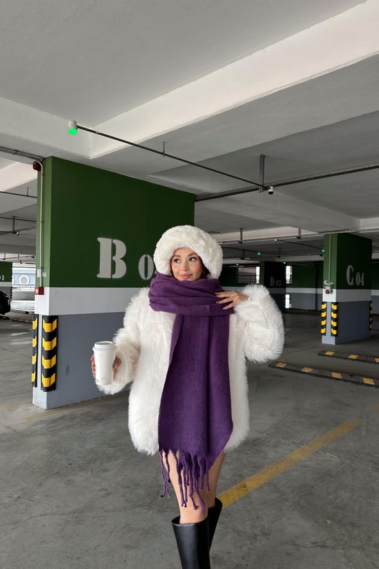 Püsküllü Şal Atkı Mor