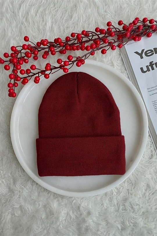 Basic Katlamalı Triko Bere Bordo
