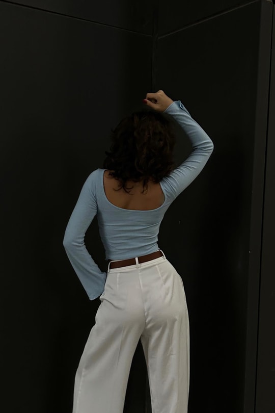Sırt Dekolteli Kaşkorse Bluz Bebe Mavi