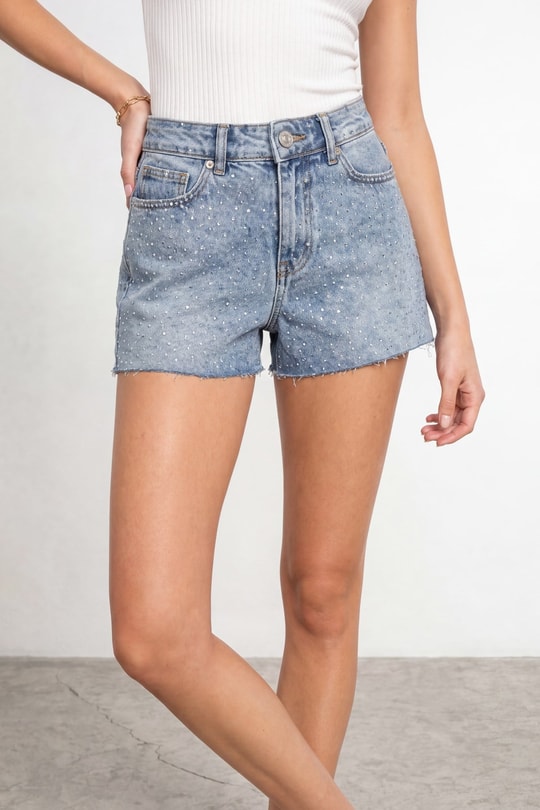 Taşlı Mini Jean Şort Mavi Şort