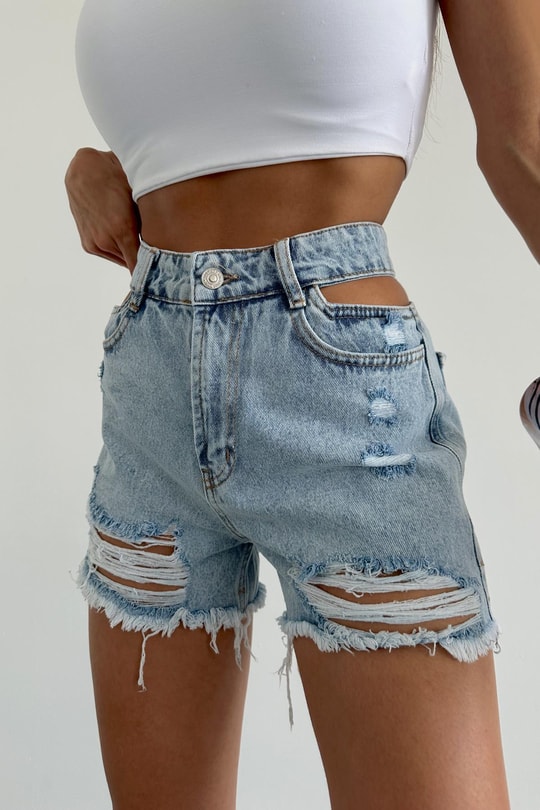 Bel Dekolteli Street Denim Şort Buz Mavi