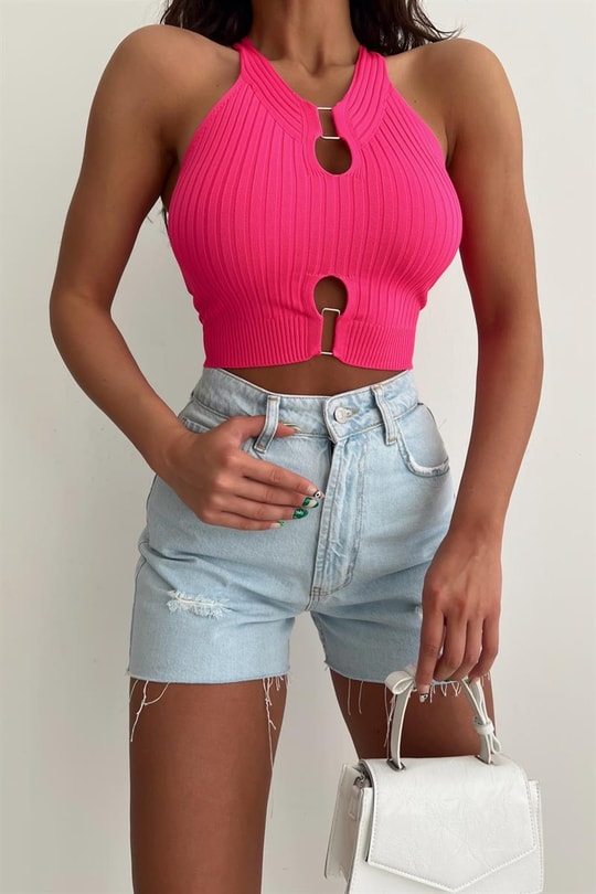 Crop Kesim Denim Şort Buz Mavi