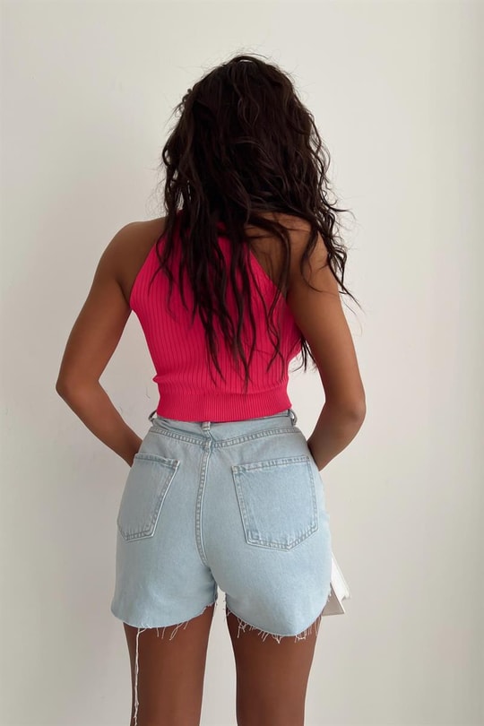 Crop Kesim Denim Şort Buz Mavi