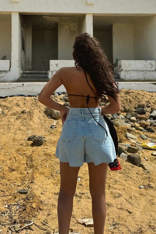 Crop Kesim Yüksek Bel Şort Buz Mavi