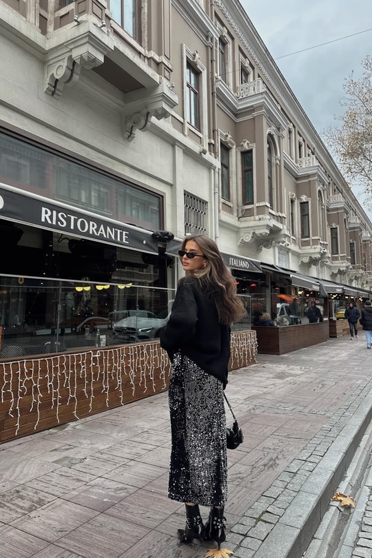 Payetli Etek Gümüş