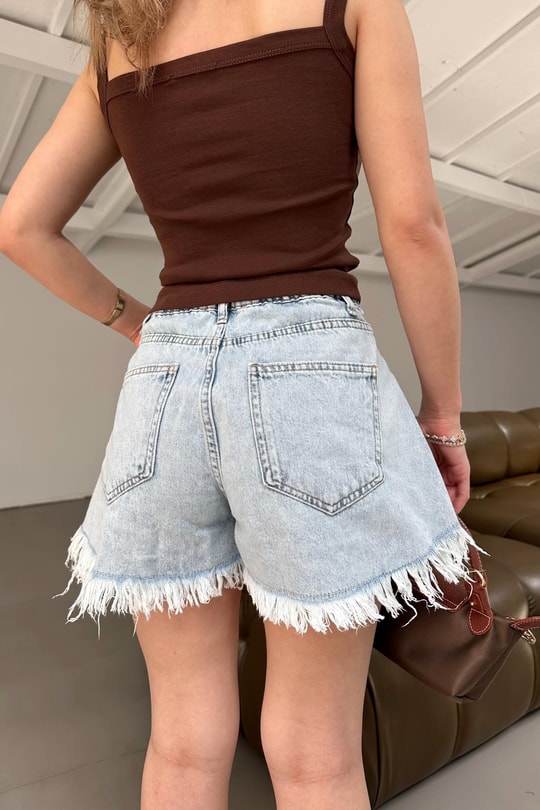 Püskül Denim Şort Buz Mavi