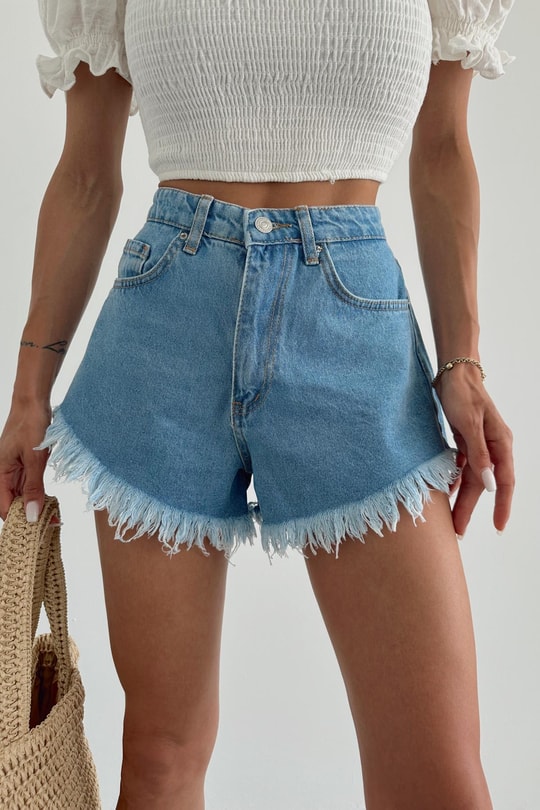 Püsküllü Mini Jean Şort Mavi