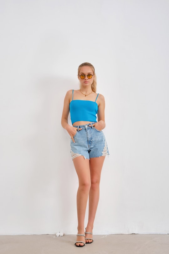 Yırtıklı Street Denim Şort Mavi