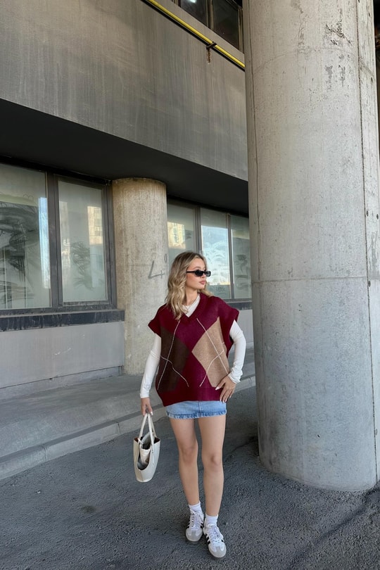 Baklava Desen Oversize Süveter Bordo