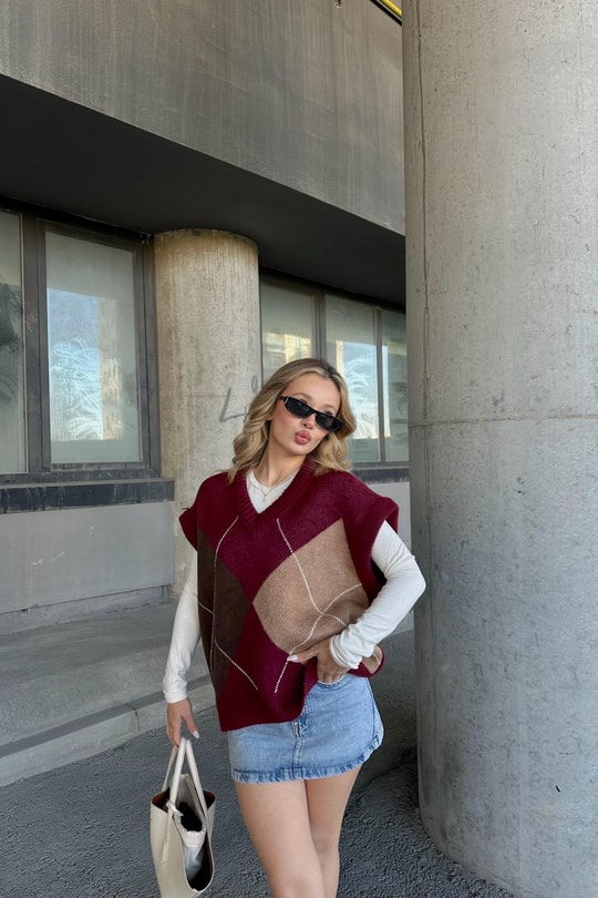 Baklava Desen Oversize Süveter Bordo