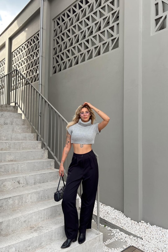 Boğazlı Crop Süveter Gri