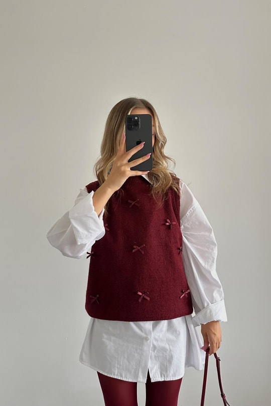 Kurdele Detay Süveter Bordo