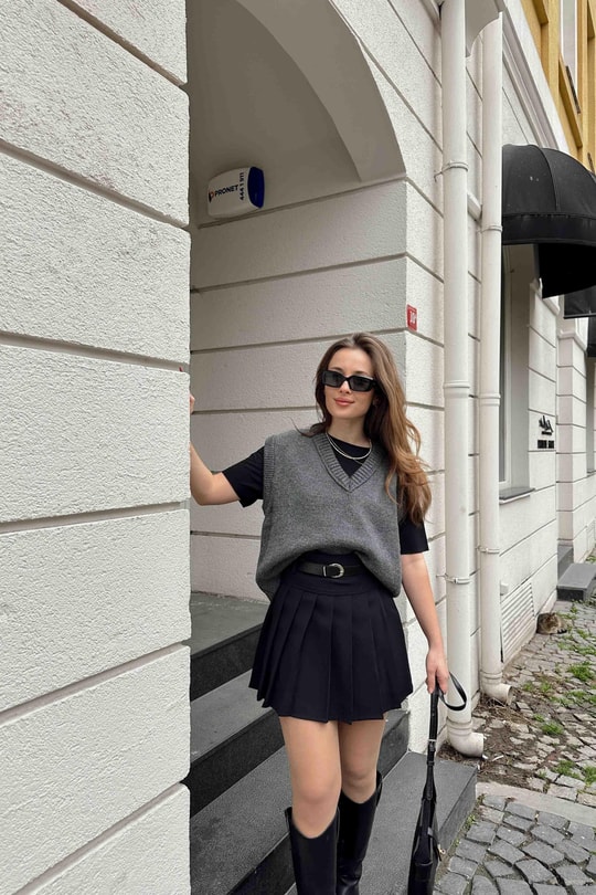 V Yaka Oversize Süveter Antrasit