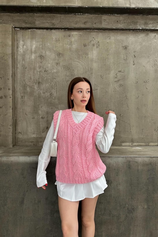 V Yaka Triko Örme Süveter Pembe