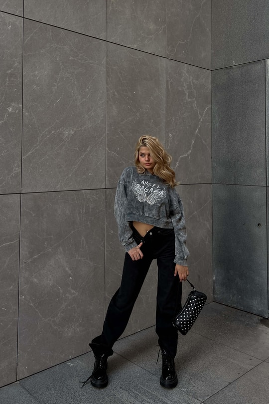 Angel Baskılı Yıkamalı Sweat Füme