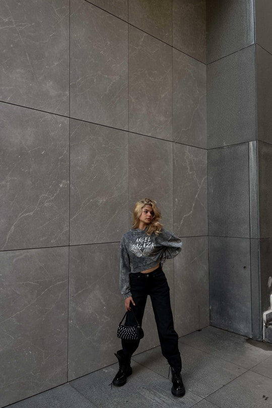 Angel Baskılı Yıkamalı Sweat Füme