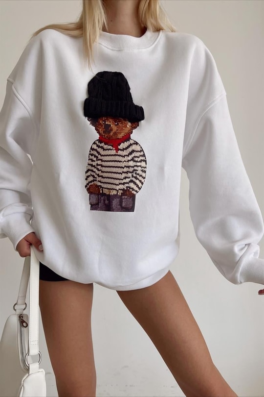 Ayıcık Baskılı Sweatshirt Beyaz