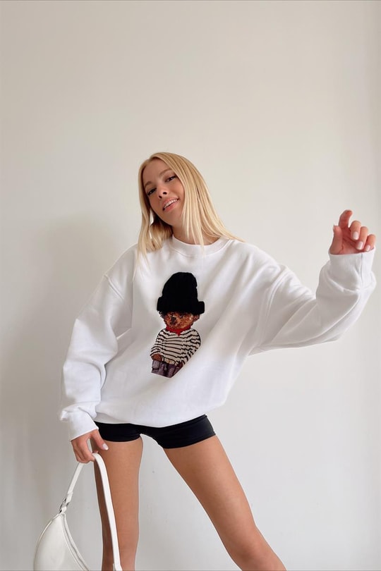Ayıcık Baskılı Sweatshirt Beyaz