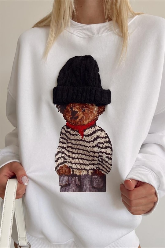 Ayıcık Baskılı Sweatshirt Beyaz