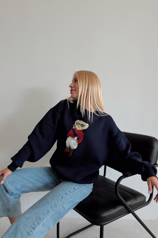 Ayıcıklı Ribana Sweatshirt Lacivert