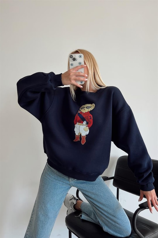 Ayıcıklı Ribana Sweatshirt Lacivert