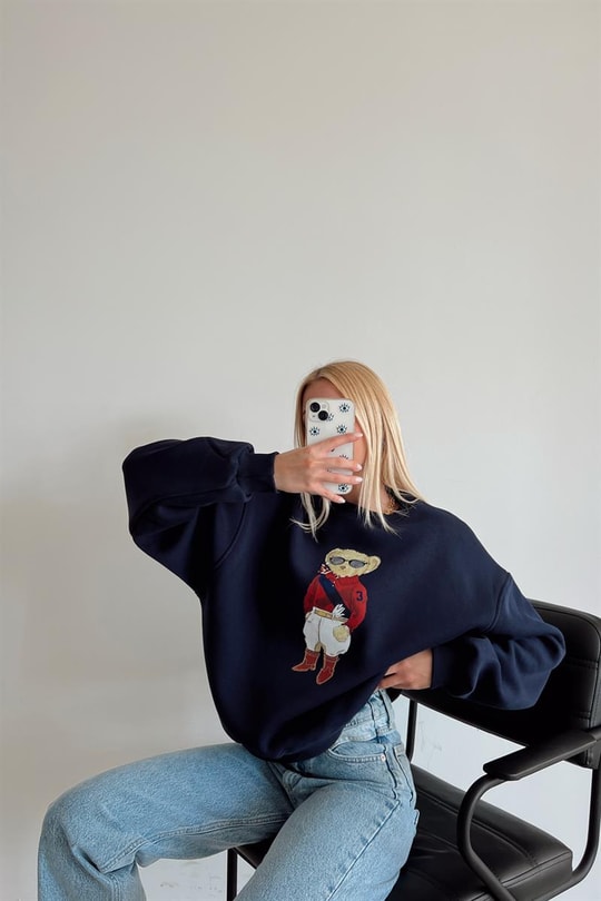 Ayıcıklı Ribana Sweatshirt Lacivert