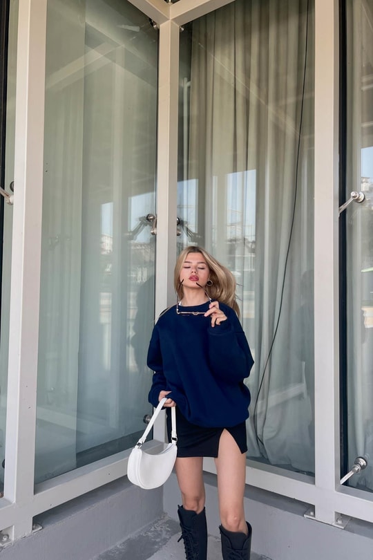 Balon Kol Oversize Sweat Lacivert