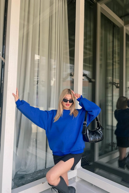 Balon Kol Oversize Sweat Saks Mavisi