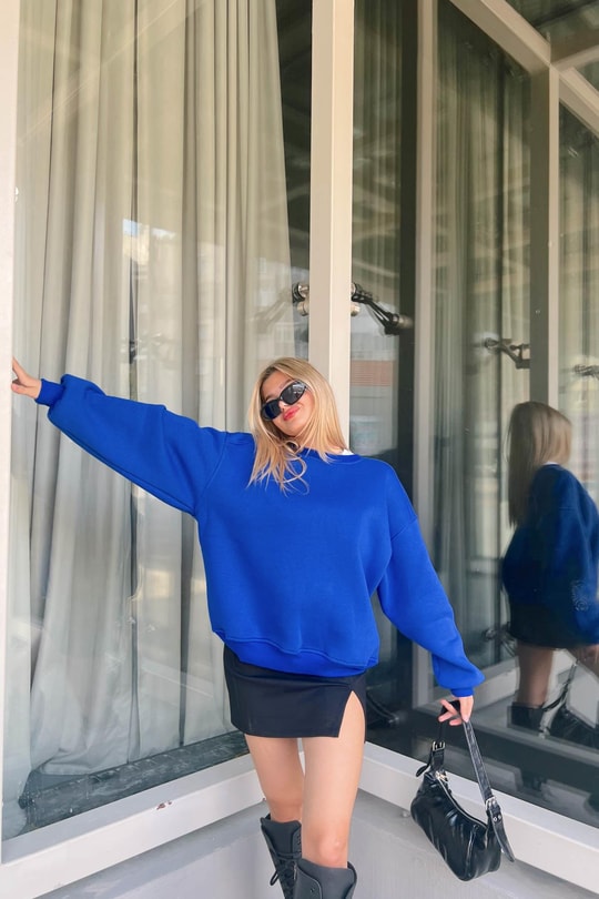 Balon Kol Oversize Sweat Saks Mavisi