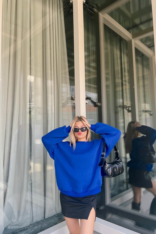 Balon Kol Oversize Sweat Saks Mavisi