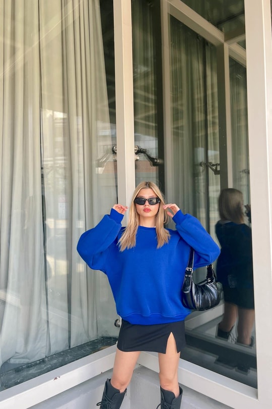 Balon Kol Oversize Sweat Saks Mavisi
