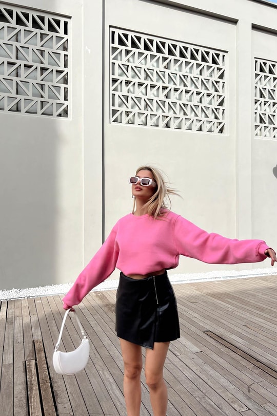 Bisiklet Yaka Celp Sweatshirt Şeker Pembe