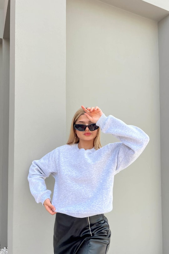 Bisiklet Yaka Celp Sweatshirt Gri Melanj