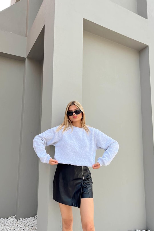 Bisiklet Yaka Celp Sweatshirt Gri Melanj