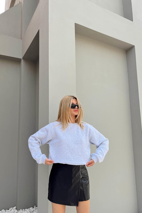 Bisiklet Yaka Celp Sweatshirt Gri Melanj