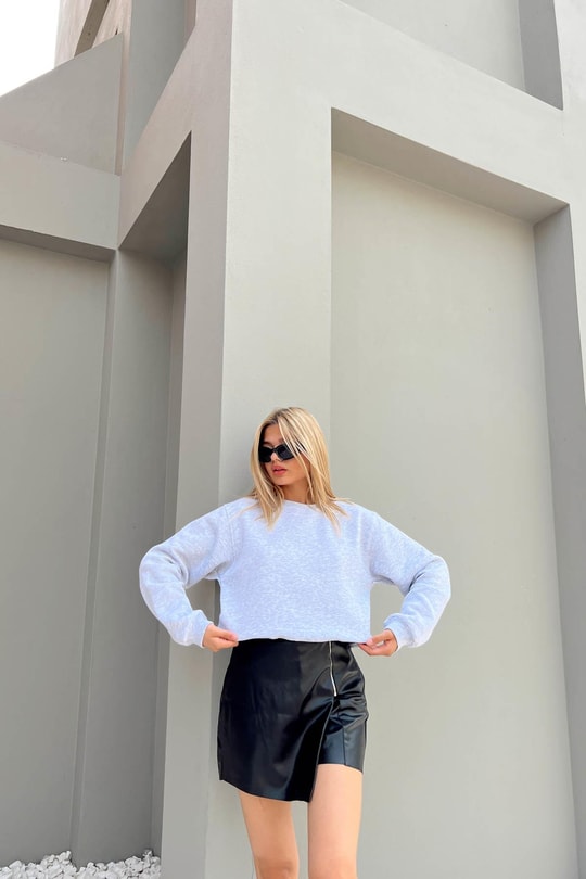 Bisiklet Yaka Celp Sweatshirt Gri Melanj