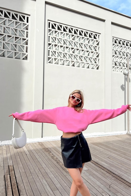 Bisiklet Yaka Celp Sweatshirt Şeker Pembe