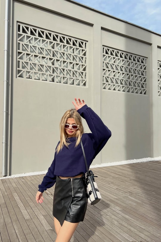 Bisiklet Yaka Celp Sweatshirt Lacivert