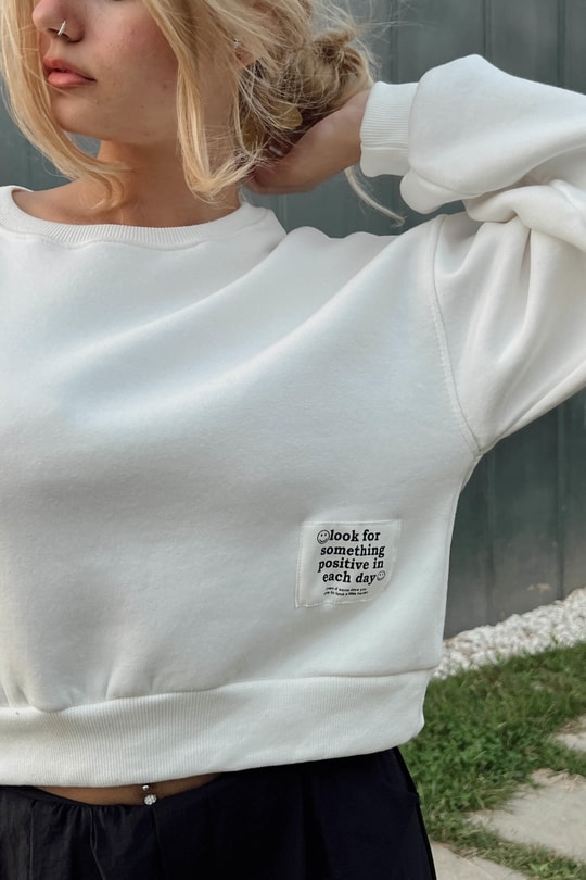 Bisiklet Yaka Crop Sweat Beyaz