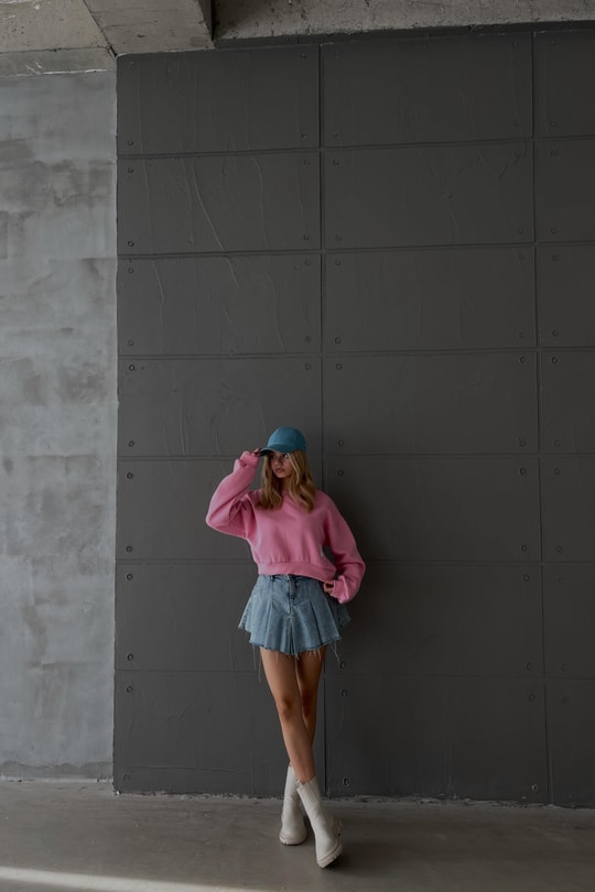 Bisiklet Yaka Crop Sweat Pembe
