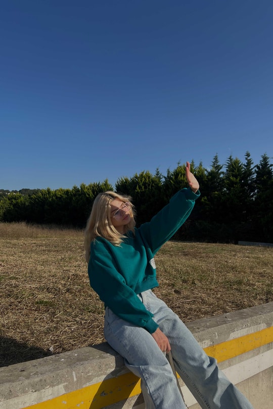 Bisiklet Yaka Crop Sweat Zümrüt Yeşili