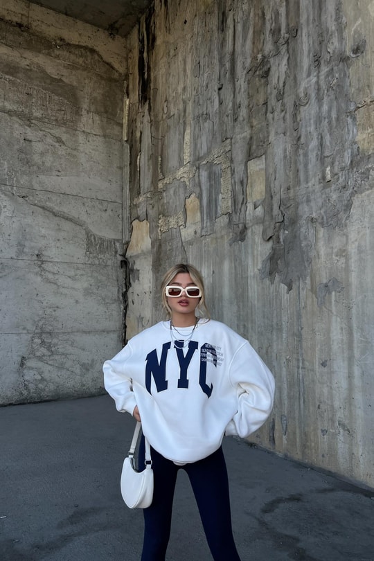 Bisiklet Yaka Nyc Sweatshirt Beyaz