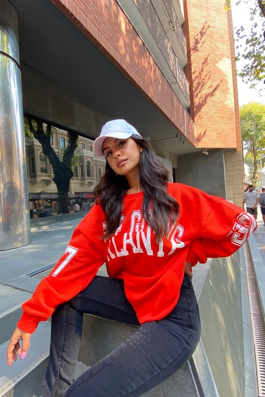 Bisiklet Yaka Text Baskılı Sweatshirt Oranj