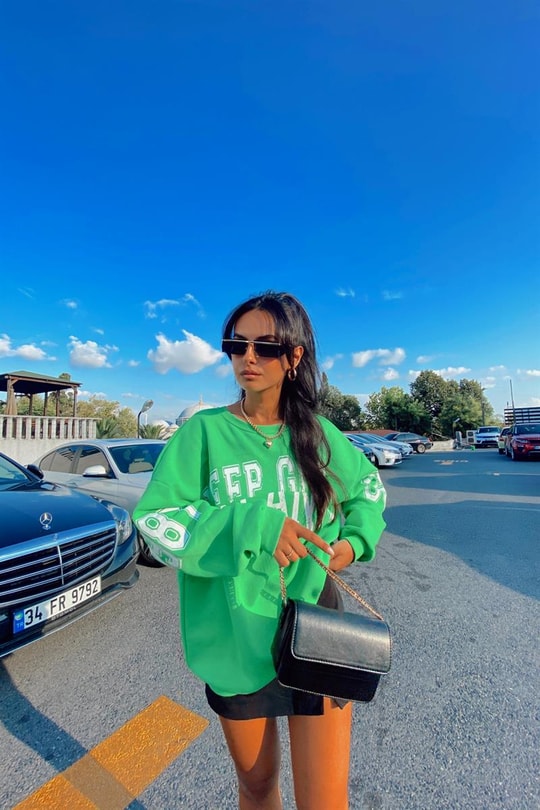 Bisiklet Yaka Text Baskılı Sweatshirt Yeşil