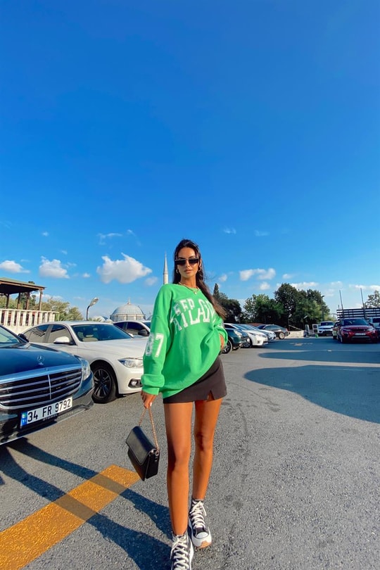 Bisiklet Yaka Text Baskılı Sweatshirt Yeşil
