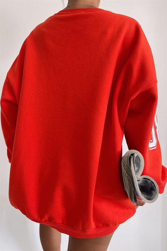Bisiklet Yaka Text Baskılı Sweatshirt Oranj