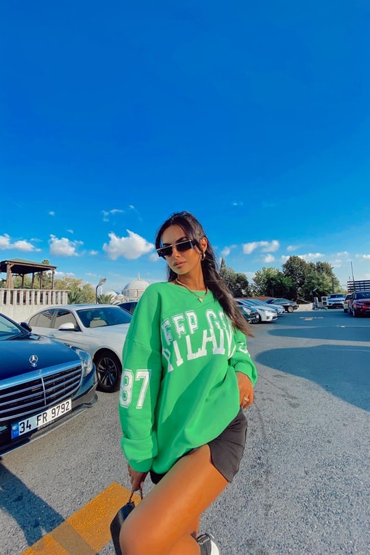 Bisiklet Yaka Text Baskılı Sweatshirt Yeşil