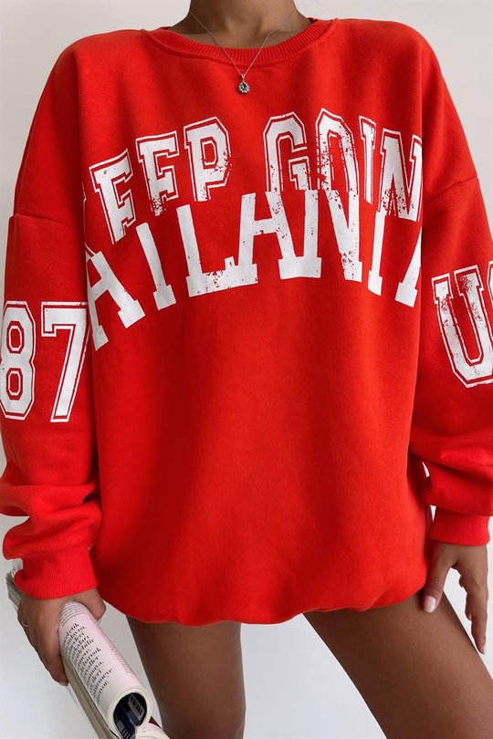 Bisiklet Yaka Text Baskılı Sweatshirt Oranj